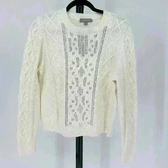 J. Crew Women's Cable Knit Crewneck Sweater with Crystals White Size Large - Picture 1 of 11